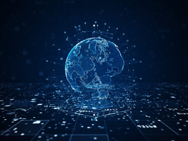 Digital globe with glowing blue data nodes and grid lines, government database research