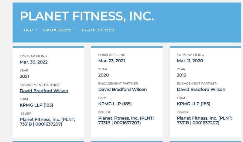 Planet Fitness SEC filing showing KPMG auditor David Bradford Wilson